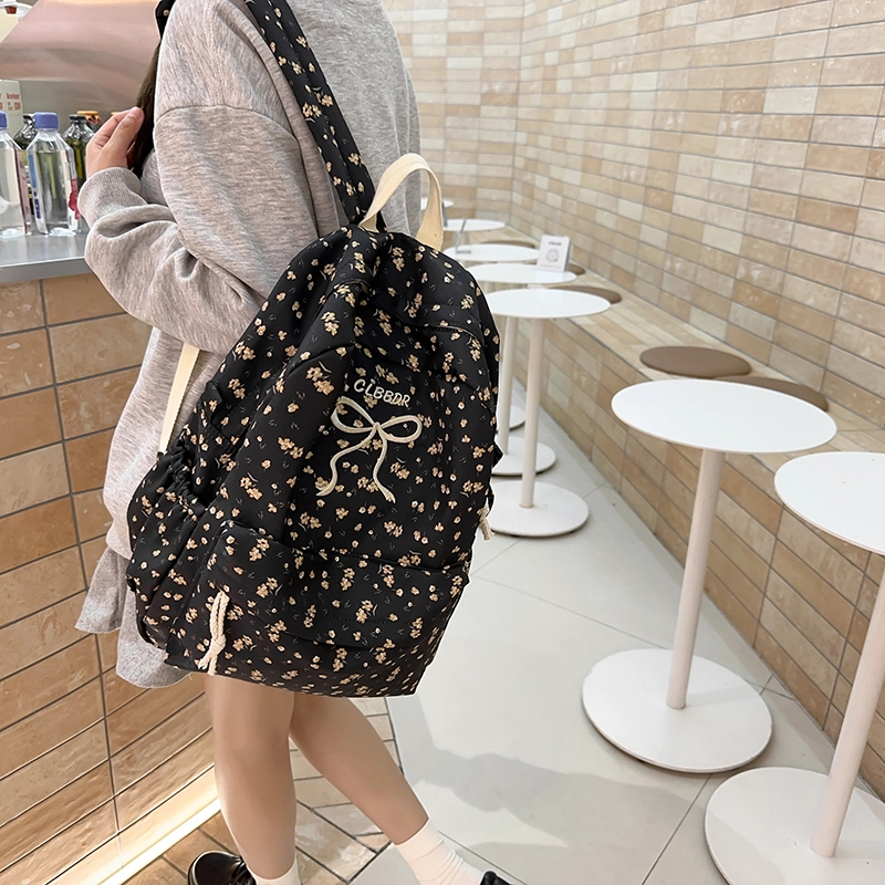 笛贝嘉 日系森系甜美蝴蝶结小花 尼龙 双肩包 女款 多色