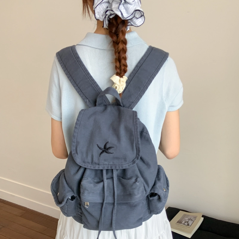 笛贝嘉 日系复古原宿抽绳大容量背包学生书包通勤百搭简约 帆布 双肩包 男女同款情侣款 黑色/灰色
