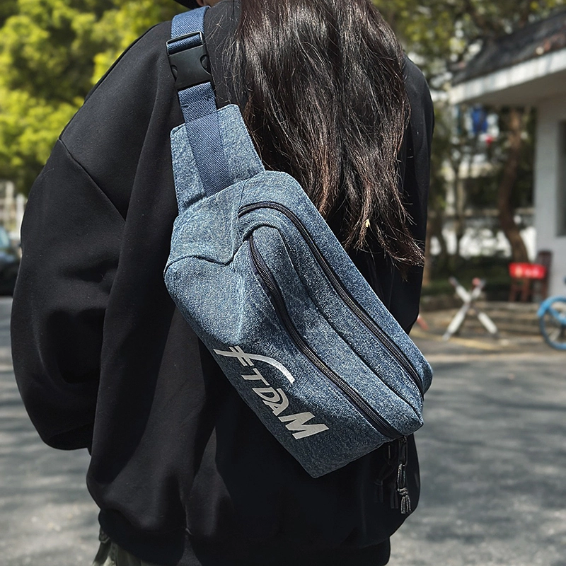 笛贝嘉 日系复古原宿字母多用包运动百搭 牛仔 腰包 常规 男女同款情侣款 蓝色
