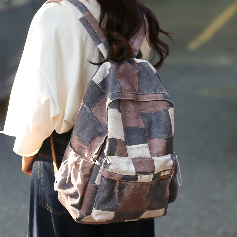 笛贝嘉 日系原宿风拼色格子大容量 帆布 双肩包 男女同款情侣款