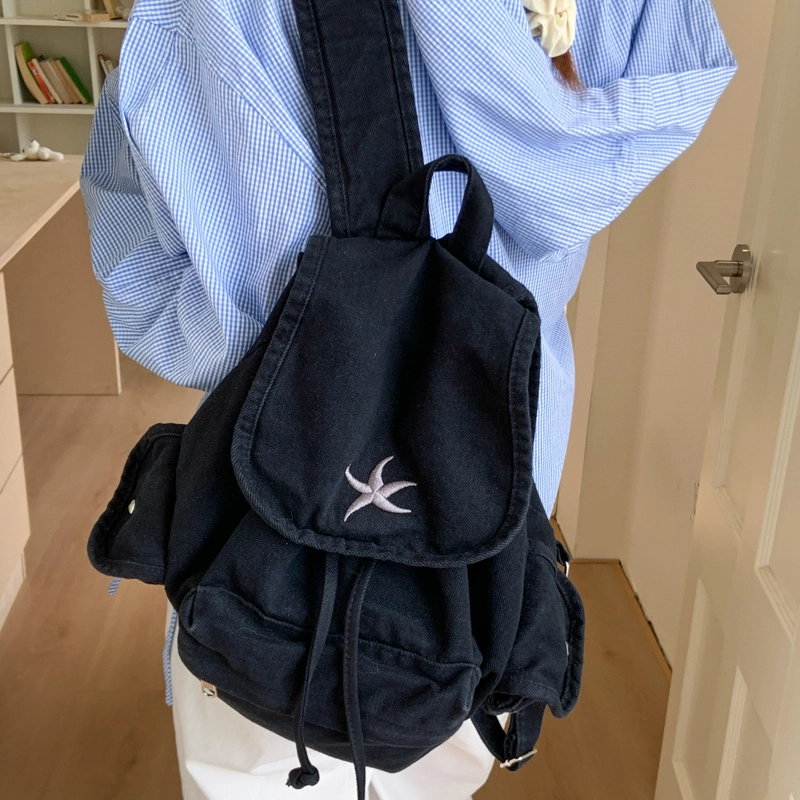 笛贝嘉 日系复古原宿抽绳大容量背包学生书包通勤百搭简约 帆布 双肩包 男女同款情侣款 黑色/灰色