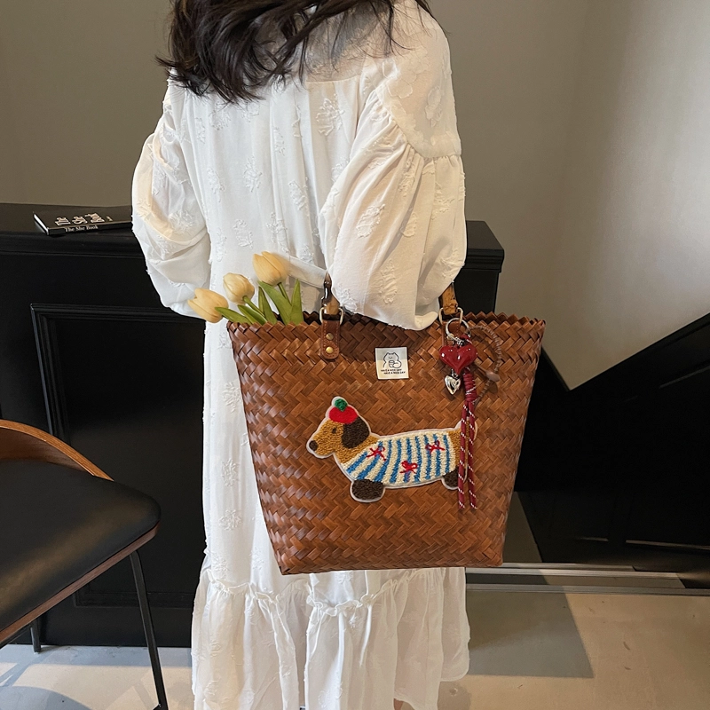 笛贝嘉 小众可爱设计感菜篮子竹节可爱小狗重工 草编 手提包 女款 多色