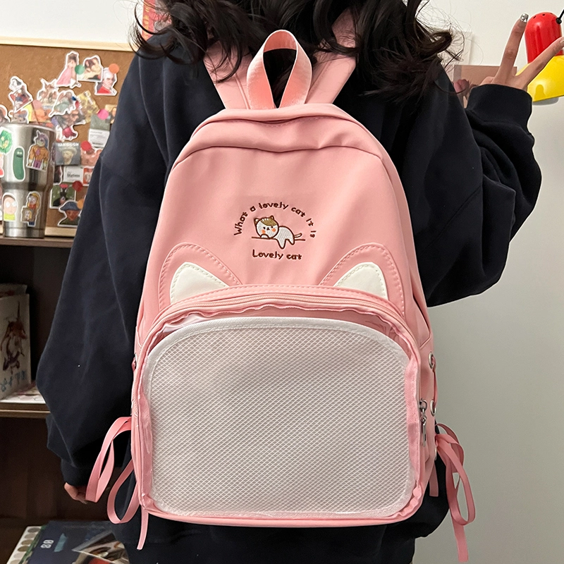 笛贝嘉 日系可爱猫咪透明清新百搭 尼龙 双肩包 女款 多色