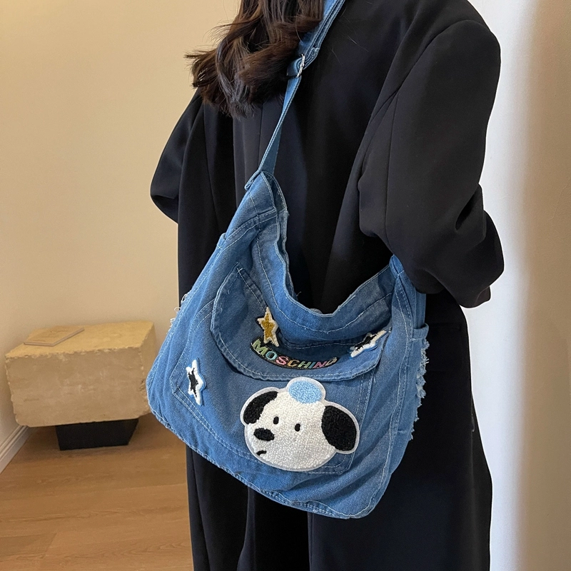 笛贝嘉 日系可爱卡通小狗休闲减龄学生上课托特包通勤 牛仔布 单肩斜挎包 常规 女款 多色