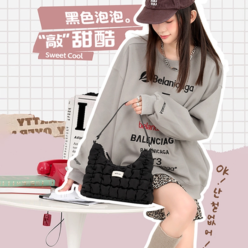 爱路喜 小众休闲简约日常通勤时尚百搭 织物 单肩包 女款 泡泡黑