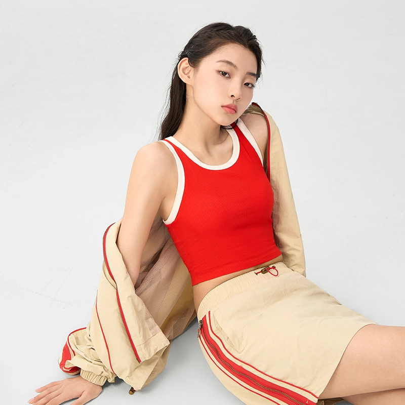 有棵树 胸垫一体式可外穿上衣内搭打底薄款舒适无袖背心 女款 红撞白
