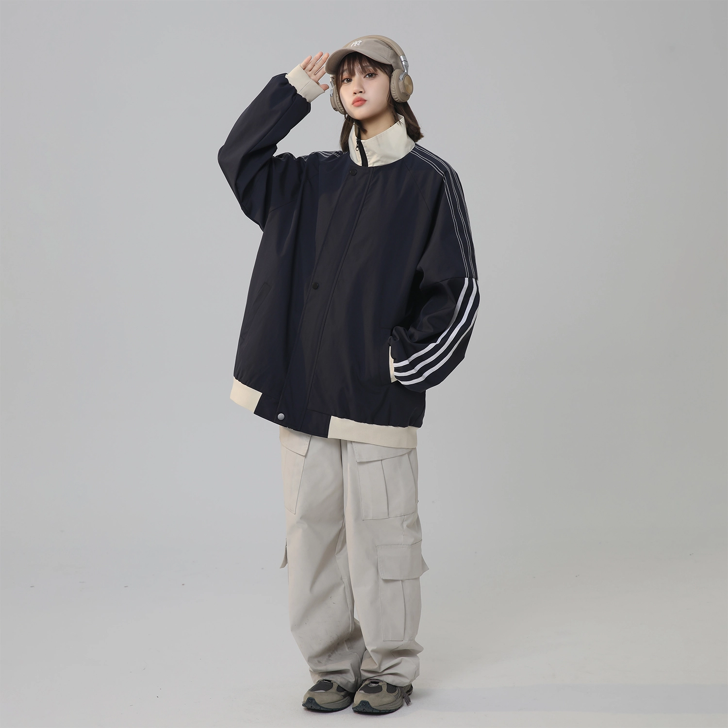 寻星记 美式复古拼接撞色长袖工装棒球服女飞行员风外套夹克 男女同款