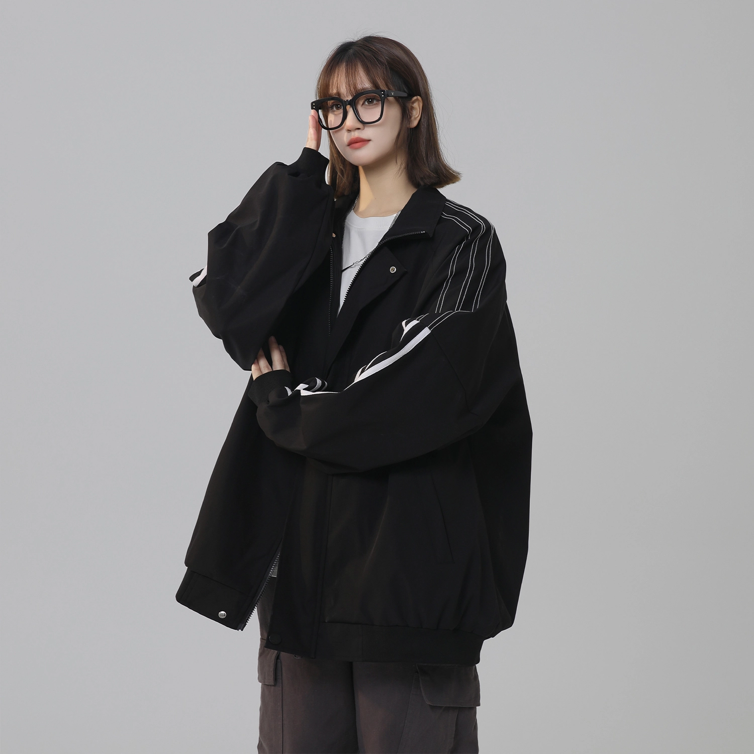 寻星记 美式复古拼接撞色长袖工装棒球服女飞行员风外套夹克 男女同款
