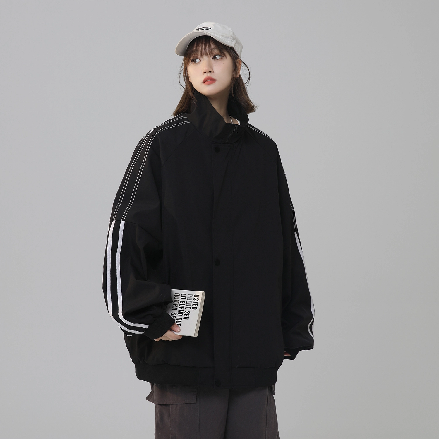 寻星记 美式复古拼接撞色长袖工装棒球服女飞行员风外套夹克 男女同款
