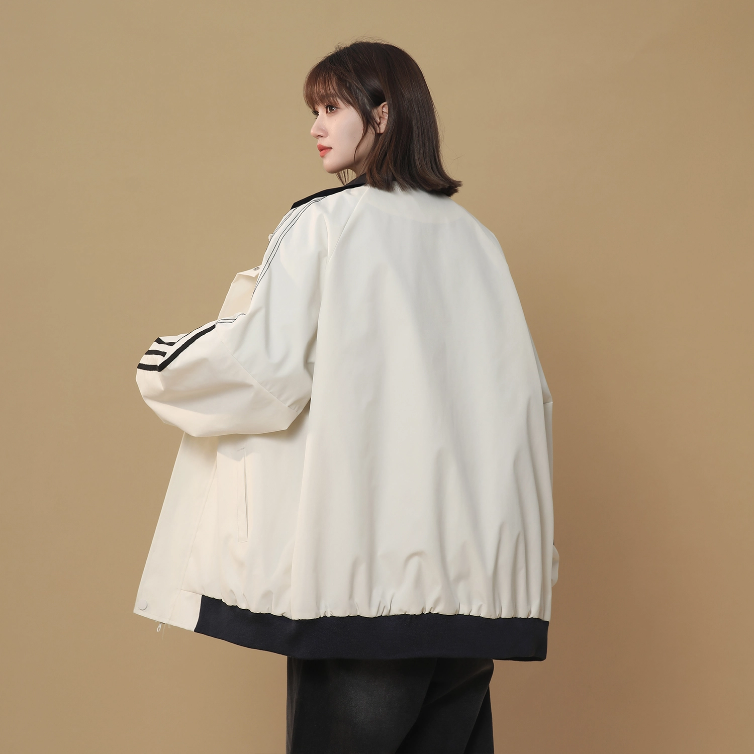 寻星记 美式复古拼接撞色长袖工装棒球服女飞行员风外套夹克 男女同款