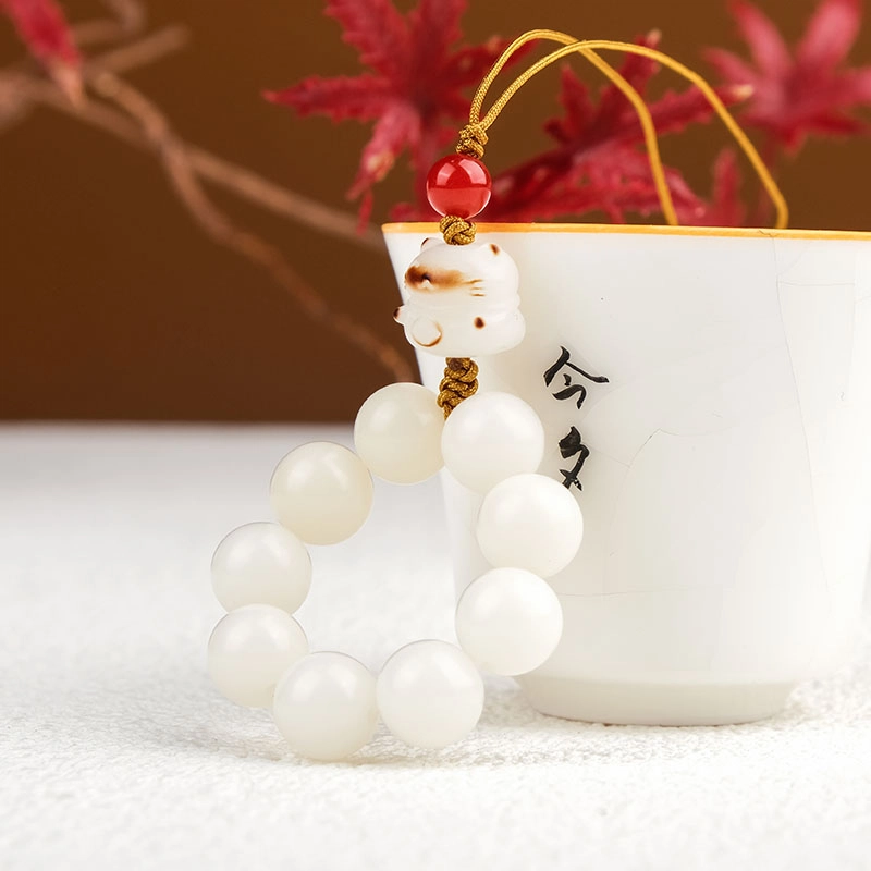 今夕 文玩佛珠招财猫 白玉菩提 手机挂件 男女同款情侣款