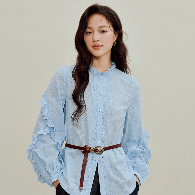 茵曼 法式通勤宽松立领长袖衬衫 女款 米白色