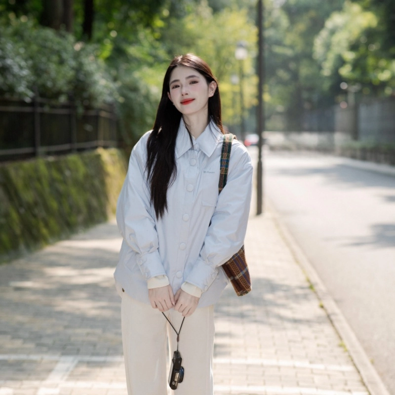 茵曼 休闲衬衫式外套时尚户外防泼水保暖白鸭绒羽绒服 男女同款