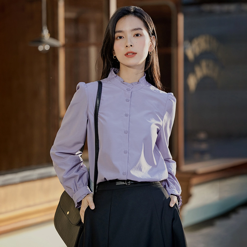 茵曼 法式纯色花边立领长袖衬衫 女款 上班通勤