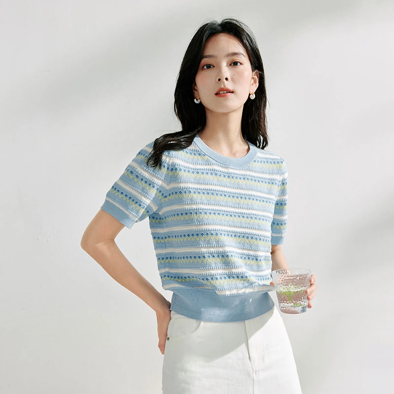 茵曼 拼色彩虹小花条纹圆领套头短袖针织衫 女款 粉色