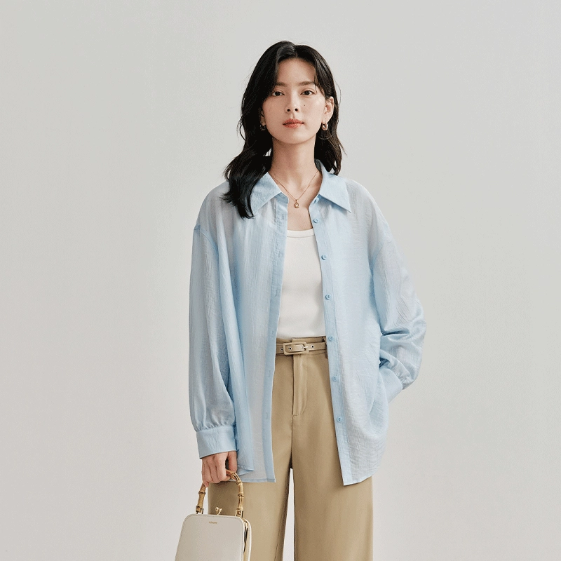 茵曼 纯色设计气质时尚简约尖领长袖衬衫 女款