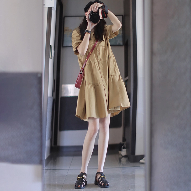 茵曼 【含礼盒装】纯色显瘦翻领泡泡袖短款衬衫连衣裙 女款  小个子显瘦 夏季