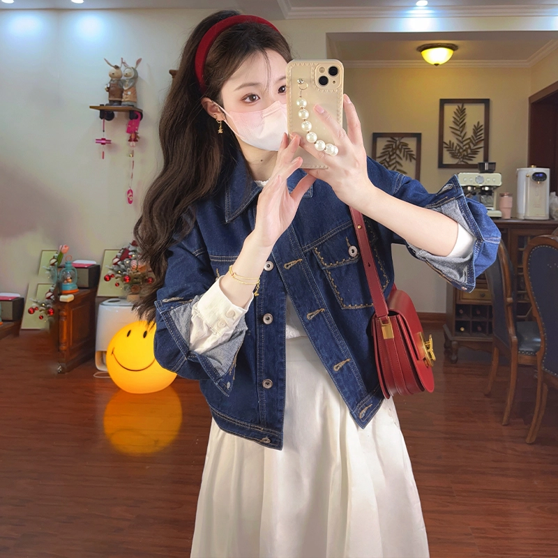 茵曼 【含礼盒装】复古百搭复古百搭牛仔纯色翻领短款外套 女款 小个子