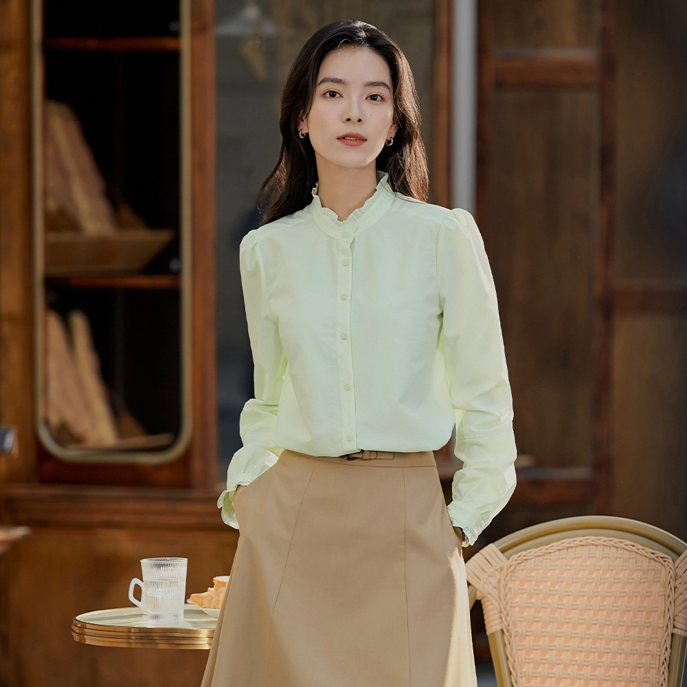 茵曼 法式纯色花边立领长袖衬衫 女款 上班通勤