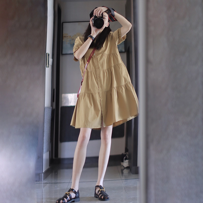 茵曼 【含礼盒装】纯色显瘦翻领泡泡袖短款衬衫连衣裙 女款  小个子显瘦 夏季