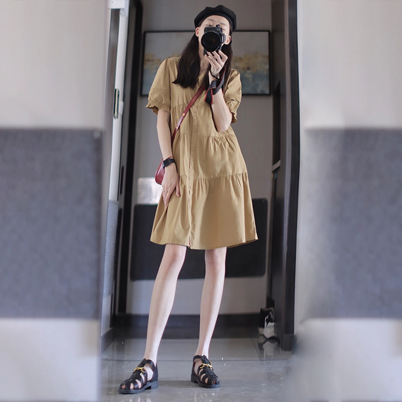 茵曼 【含礼盒装】纯色显瘦翻领泡泡袖短款衬衫连衣裙 女款  小个子显瘦 夏季