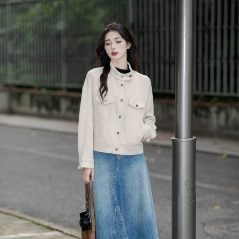 茵曼 麂皮绒休闲户外立领单排扣复古长袖夹克外套 女款 礼盒装