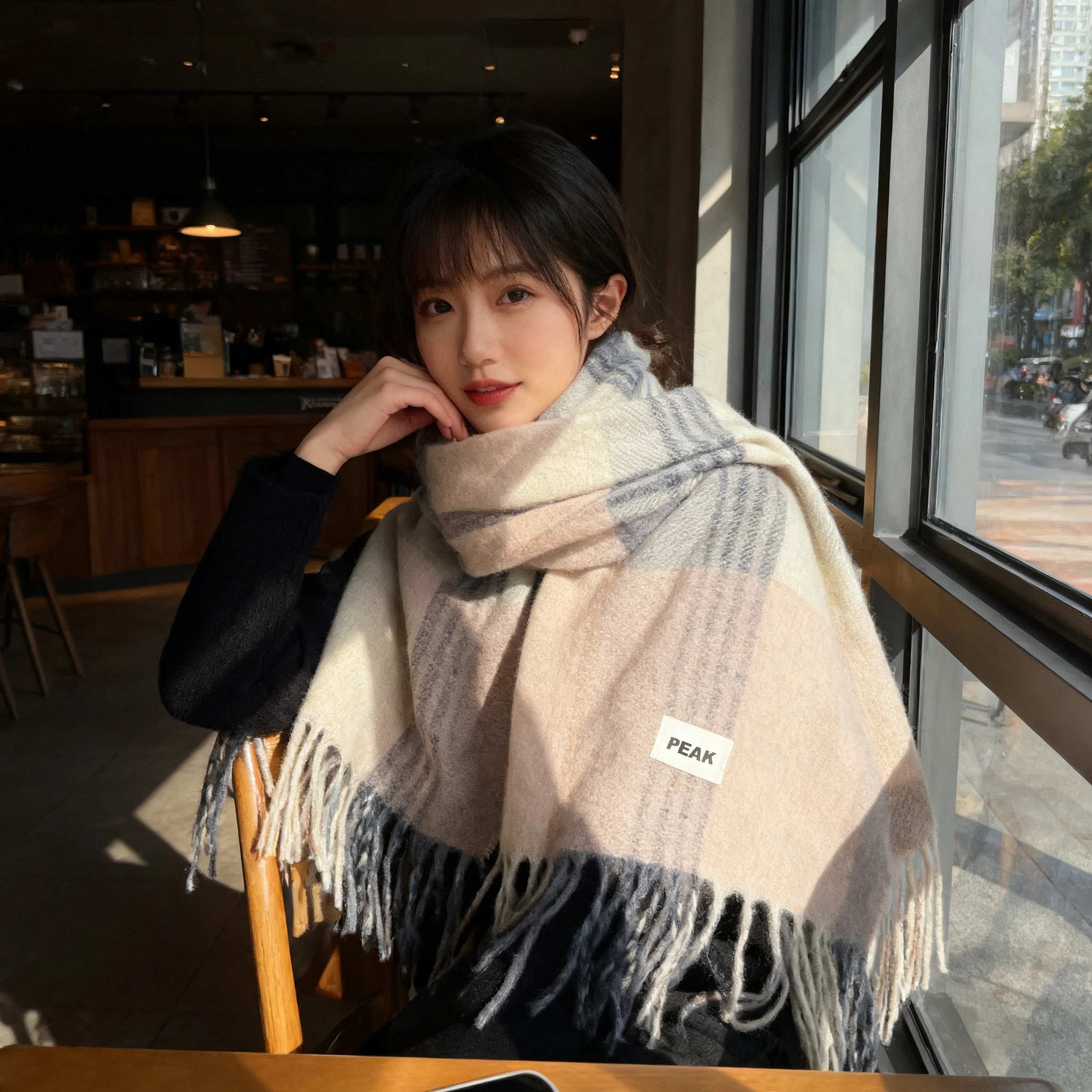 匹克 小清新显气质加厚防寒保暖百搭格纹设计文艺范柔软亲肤 聚酯纤维 绒线围巾 男女同款情侣款 粉蓝色