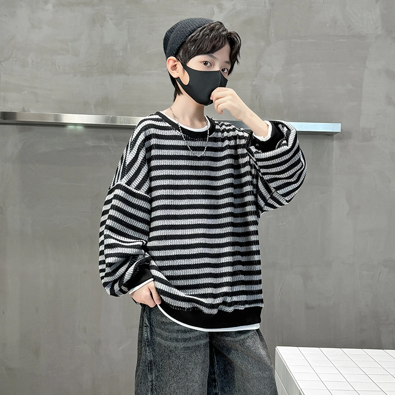 木木屋 圆领洋气简约条纹落肩长袖毛衣 黑白色 青少年