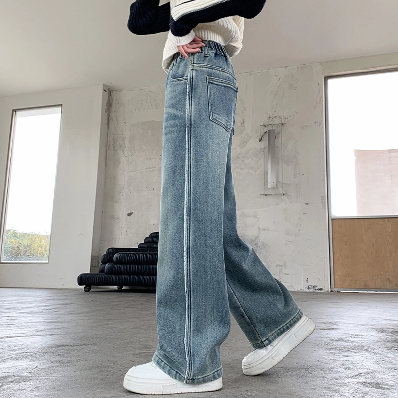木木屋牛仔裤 时尚简约加绒加厚纯色柔软 蓝色 青少年