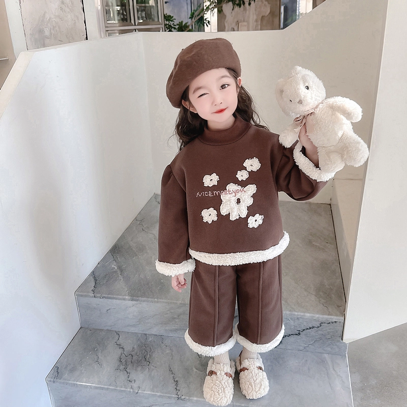 木木屋 舒适亲肤圆领上衣透气裤子休闲运动套装 咖色 中小童