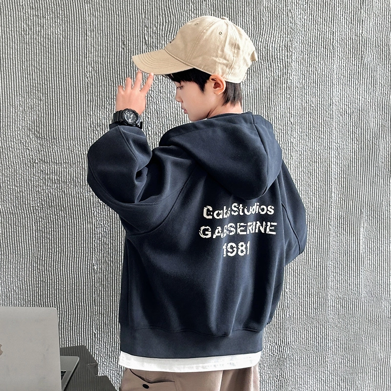 木木屋 时尚洋气舒适百搭连帽插肩字母印花长袖夹克外套 深灰色 青少年