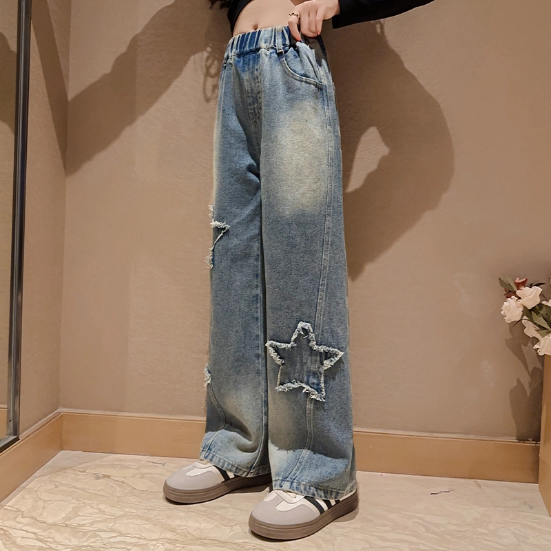 木木屋 舒适亲肤星星透气牛仔裤 蓝色 青少年