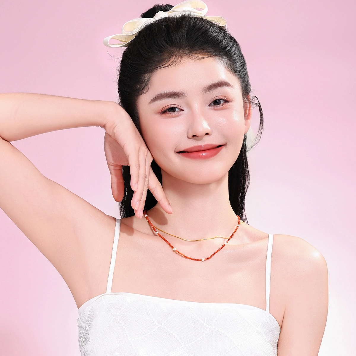 老庙 闪切柿子红小米珠搭锁骨链时尚 南红 项链 女款