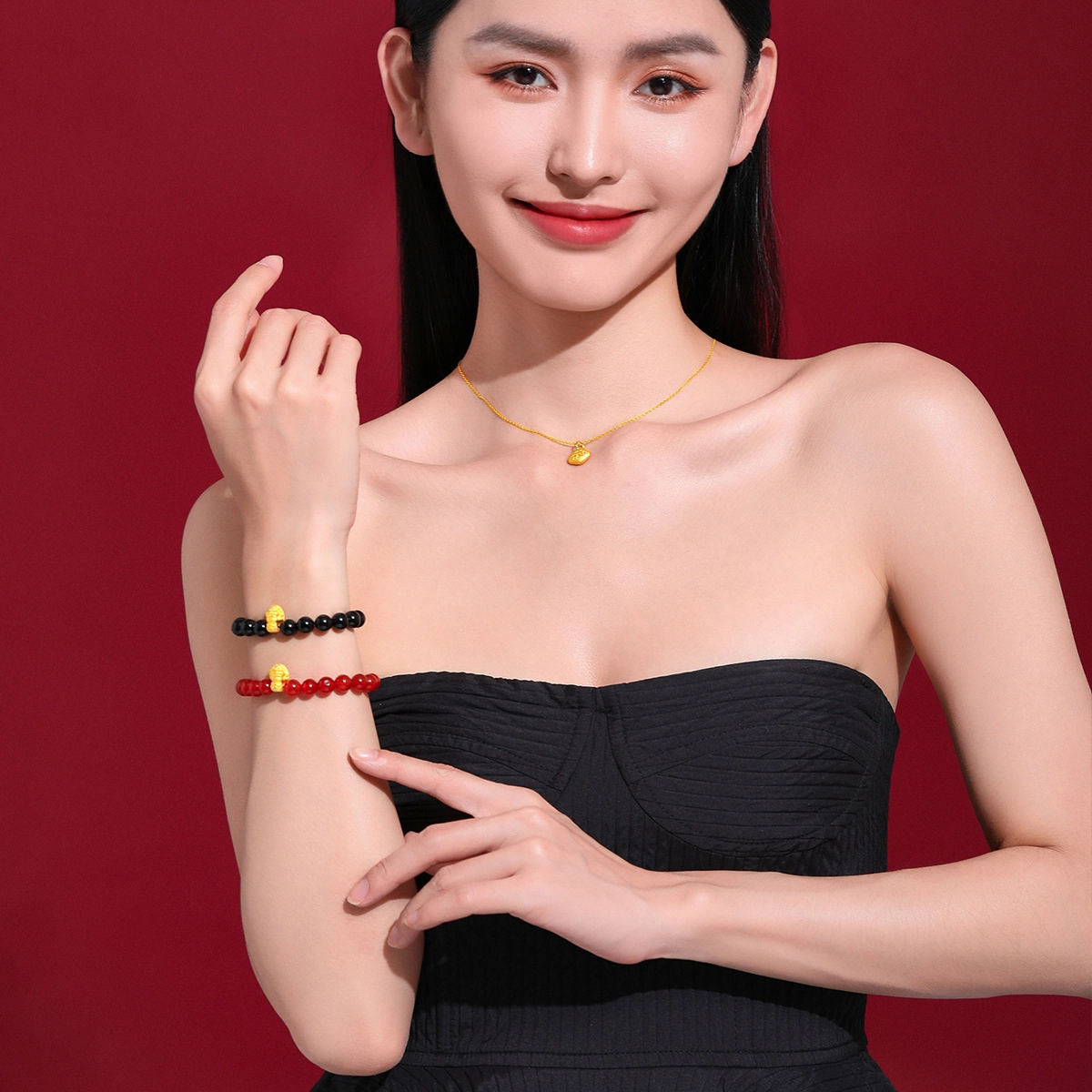 老庙 普贤菩萨硬金中国风 守护神轻奢黑玛瑙 高级感 足金 一口价 手串 女款