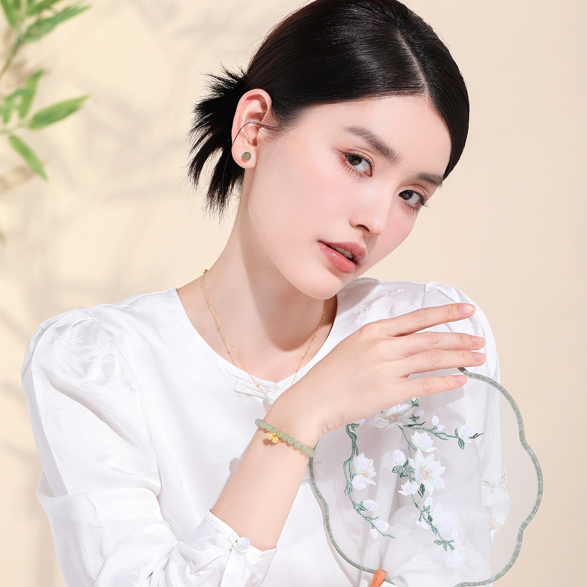 老庙 好事莲莲吉祥如意串珠链 足金 和田玉 黄金手串 女款 青玉