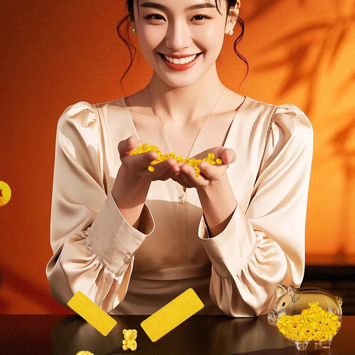 老庙 百福摆件手长储蓄 足金 投资类 金条 男女同款情侣款
