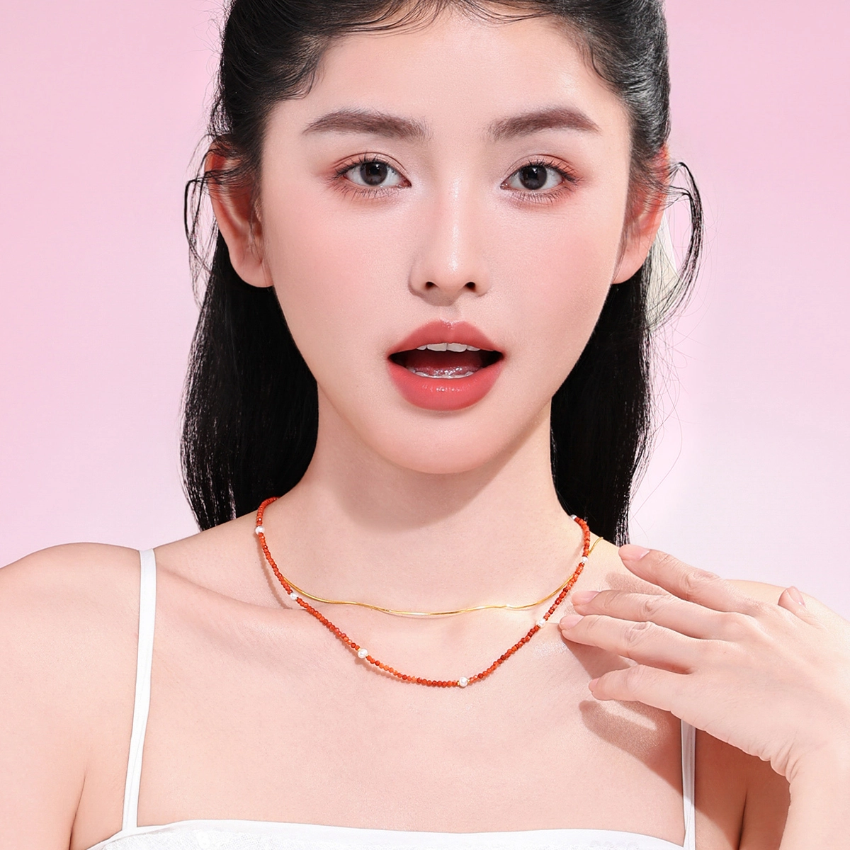 老庙 闪切柿子红小米珠搭锁骨链时尚 南红 项链 女款
