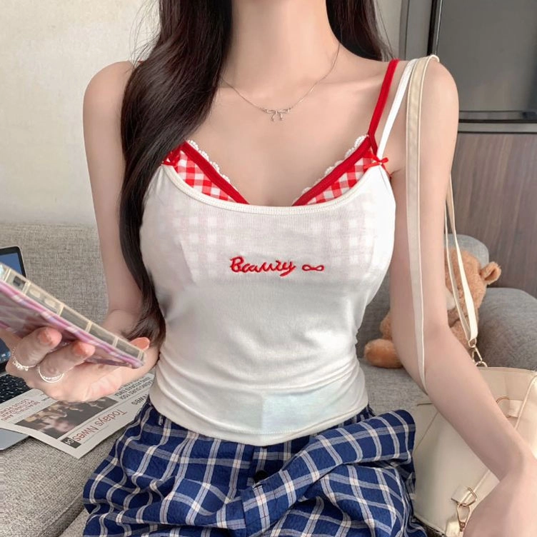 依钗 时尚撞色蕾丝格子假两件辣妹吊带 显瘦显胸大纯欲内搭背心 女款