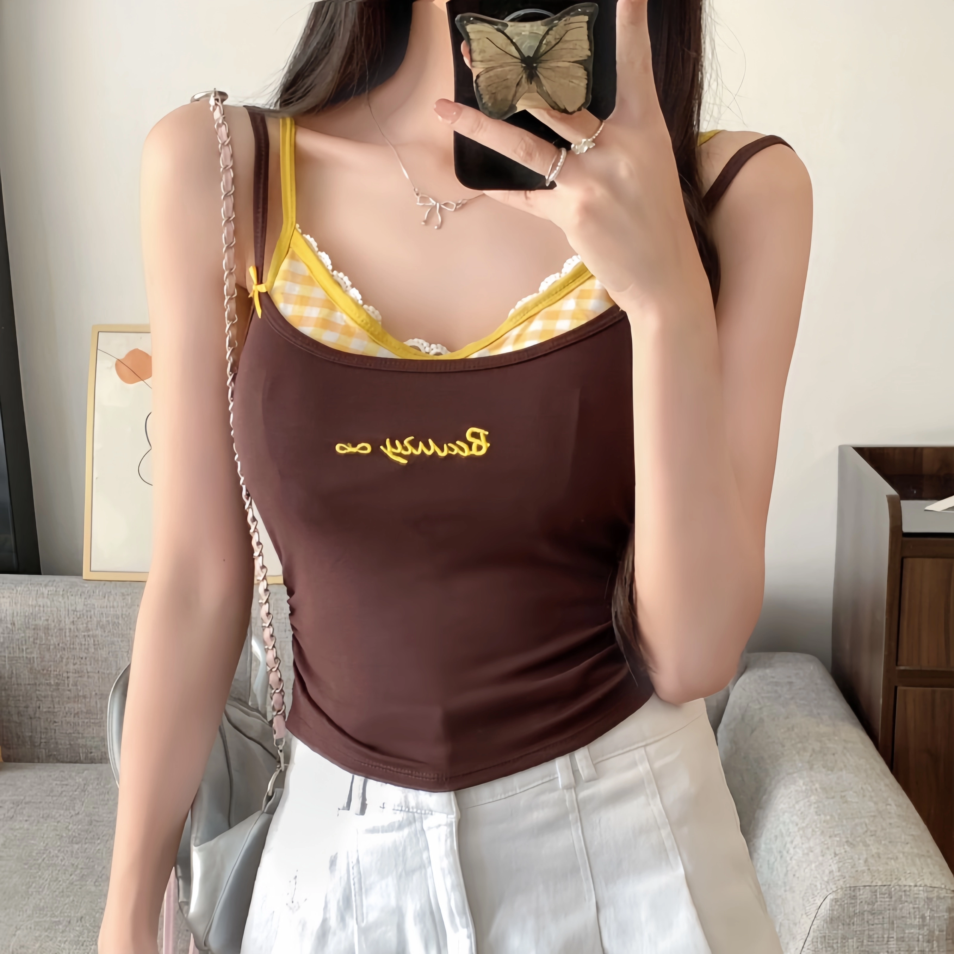 依钗 时尚撞色蕾丝格子假两件辣妹吊带 显瘦显胸大纯欲内搭背心 女款