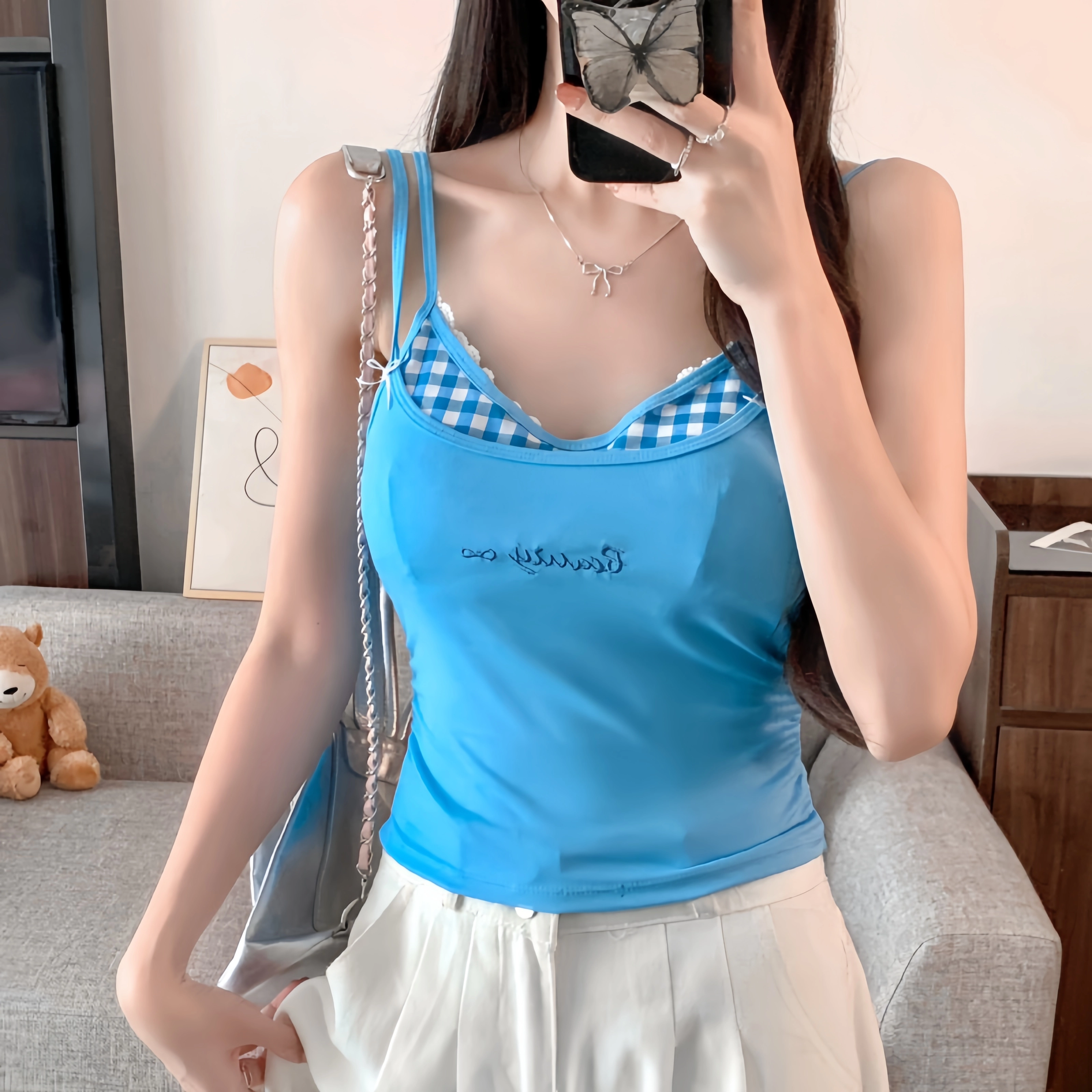 依钗 时尚撞色蕾丝格子假两件辣妹吊带 显瘦显胸大纯欲内搭背心 女款