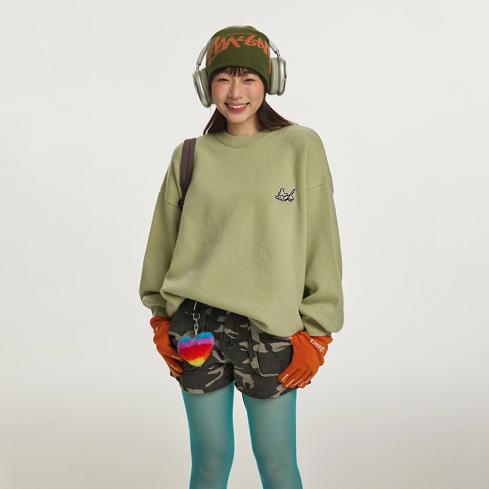 江南先生 美式复古刺绣小狗插肩袖宽松基础情侣针织衫 男女同款