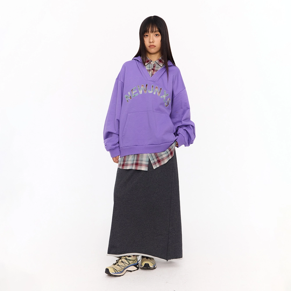 江南先生 美式复古拼接假两件格纹三角针贴布绣连帽卫衣 男女同款