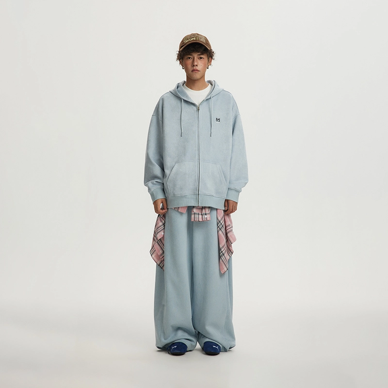 江南先生 美式复古仿麂皮绒长短款开衫秋季刺绣卫衣 男女同款