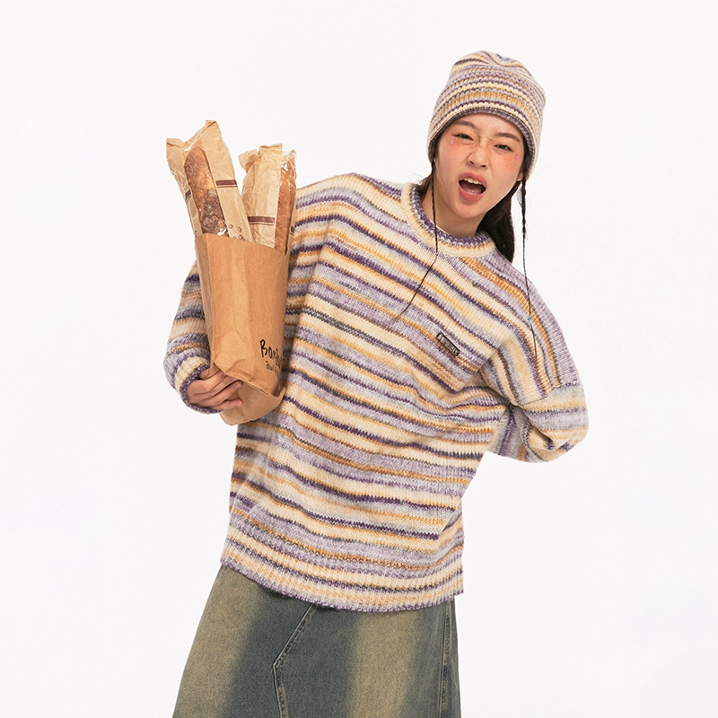 江南先生 美式复古彩虹糖果色圆领条纹针织衫 男女同款
