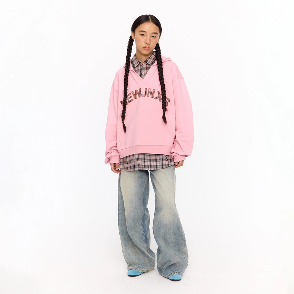 江南先生 美式复古拼接假两件格纹三角针贴布绣连帽卫衣 男女同款