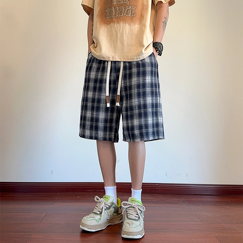 美式复古格子撞色设计感宽松百搭多风格潮流透气宽松五分裤休闲短裤 男女同款