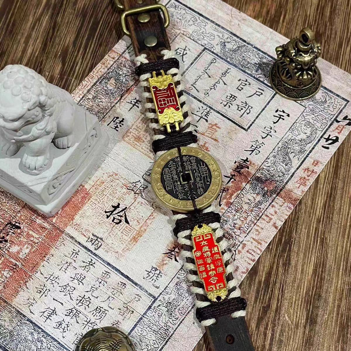 既白南兮 玄炁凝幽山鬼花钱福牌太岁好运道系青年国风新中式文创 铜 手环 男女同款情侣款