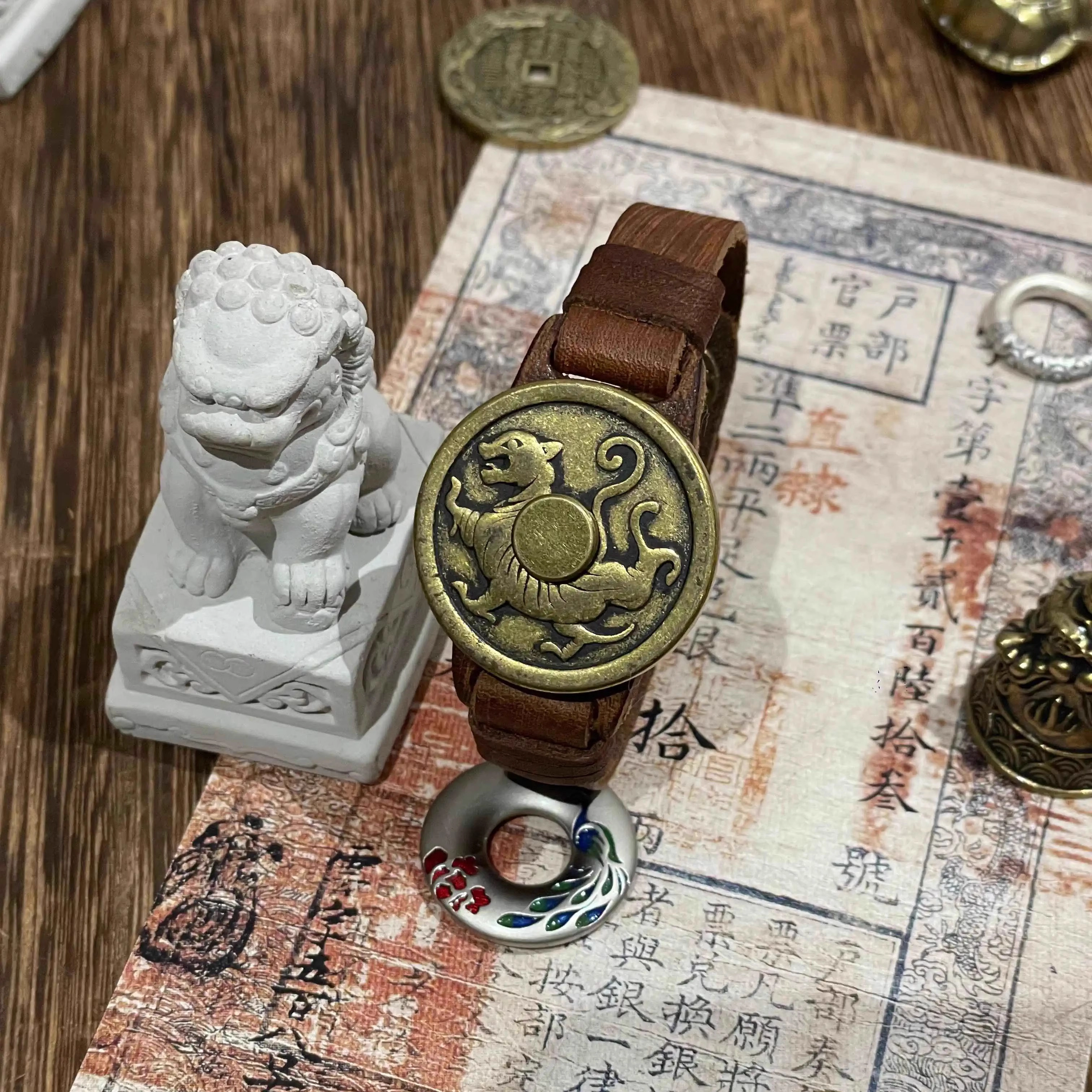 既白南兮 五行四象 本命年青龙白虎玄武朱雀太极八卦 铜 合金 皮革 手环 男女同款情侣款
