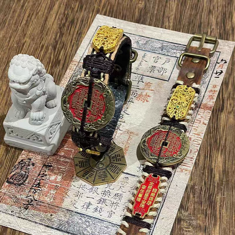 既白南兮 道韵护佑鱼跃龙门山鬼花钱本命道系青年太岁#好运 合金 皮革 手环 男女同款情侣款