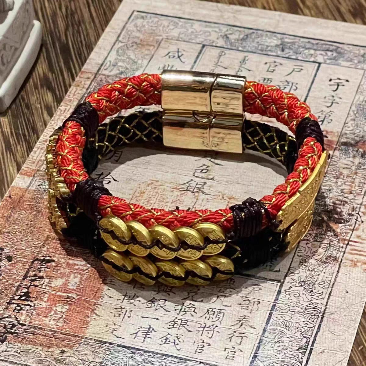 既白南兮 财聚乾坤五帝钱貔貅好运道系青年国风新中式文创 合金 手环 男女同款情侣款